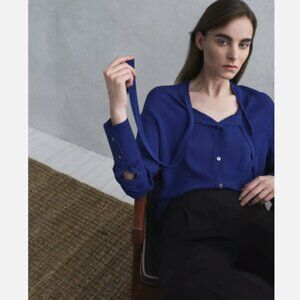 Theory Weekender Tie Neck Silk Shirt Blouse, Cosmic Blue Size P(XS), S $325